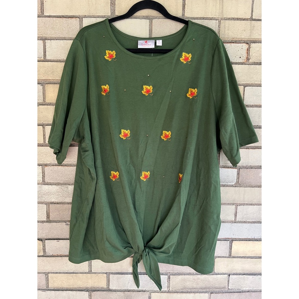 Quacker Factory Green Embroidered Fall Leaves Front Tie Top Plus Size 3X NWT